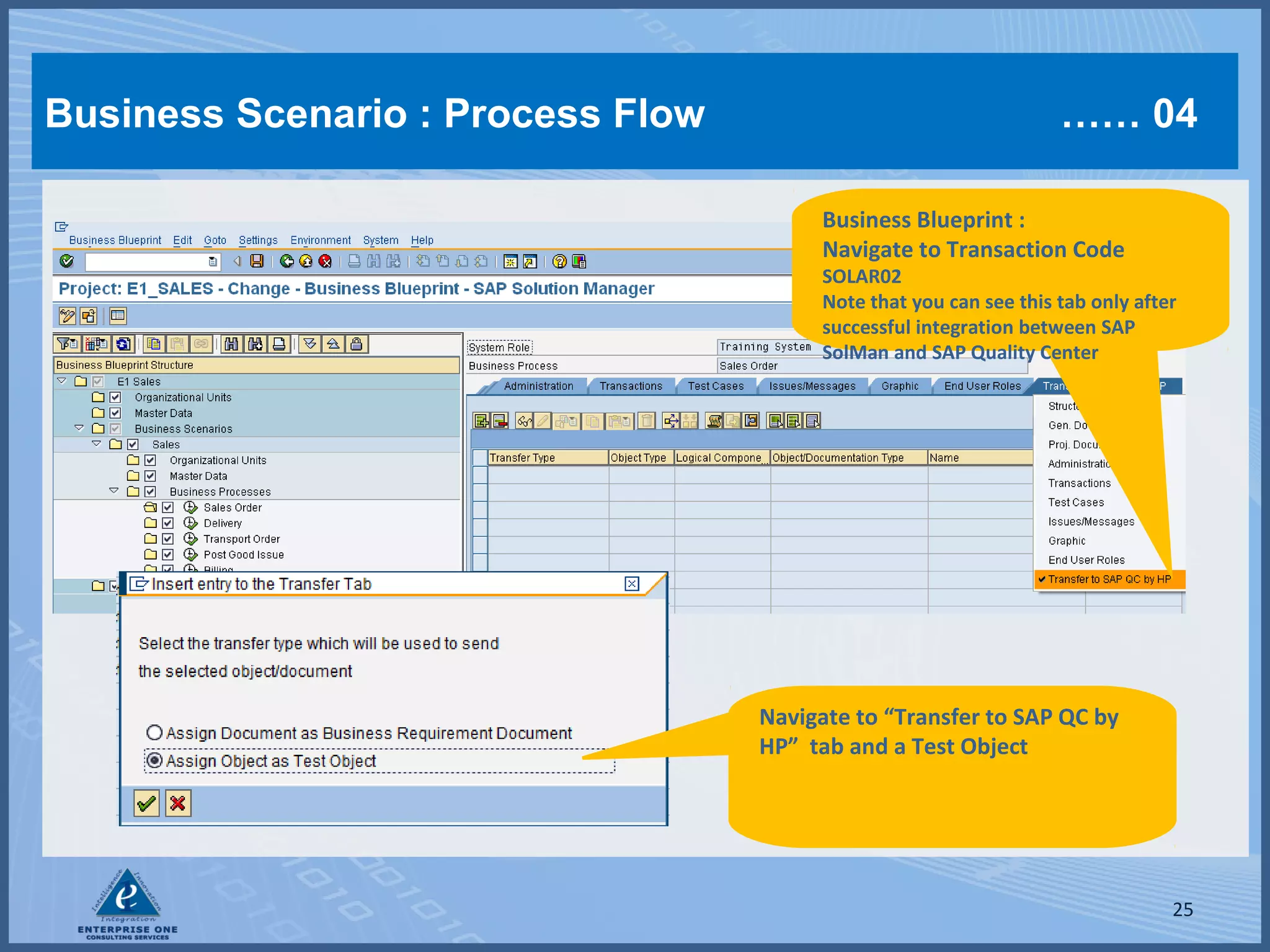 Business Scenario : Process Flow

…… 04
Business Blueprint :
Navigate to Transaction Code

SOLAR02
Note that you can see this tab only after
successful integration between SAP
SolMan and SAP Quality Center

Navigate to “Transfer to SAP QC by
HP” tab and a Test Object

25

 