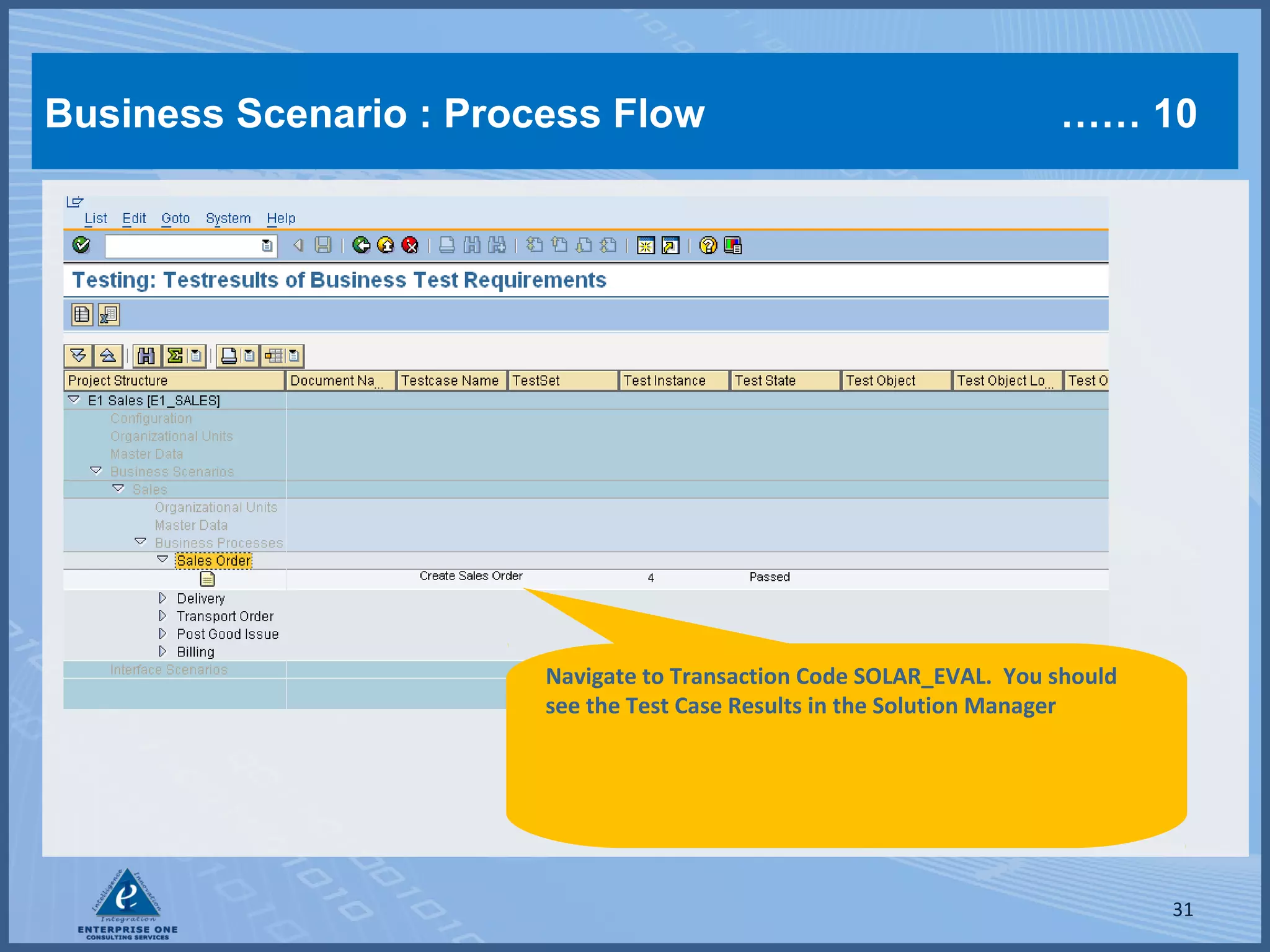 Business Scenario : Process Flow

…… 10

Navigate to Transaction Code SOLAR_EVAL. You should
see the Test Case Results in the Solution Manager

31

 
