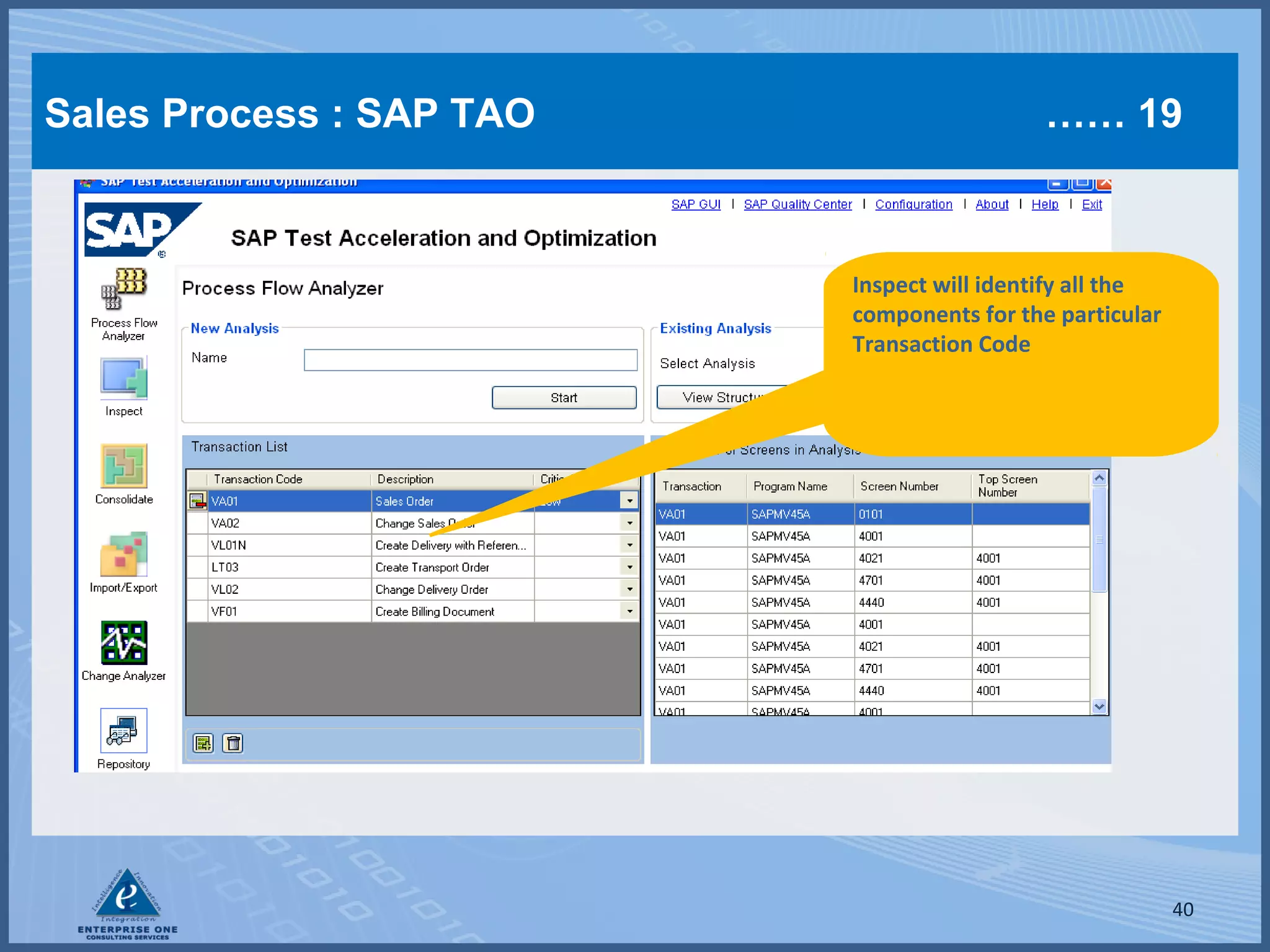 Sales Process : SAP TAO

…… 19

Inspect will identify all the
components for the particular
Transaction Code

40

 