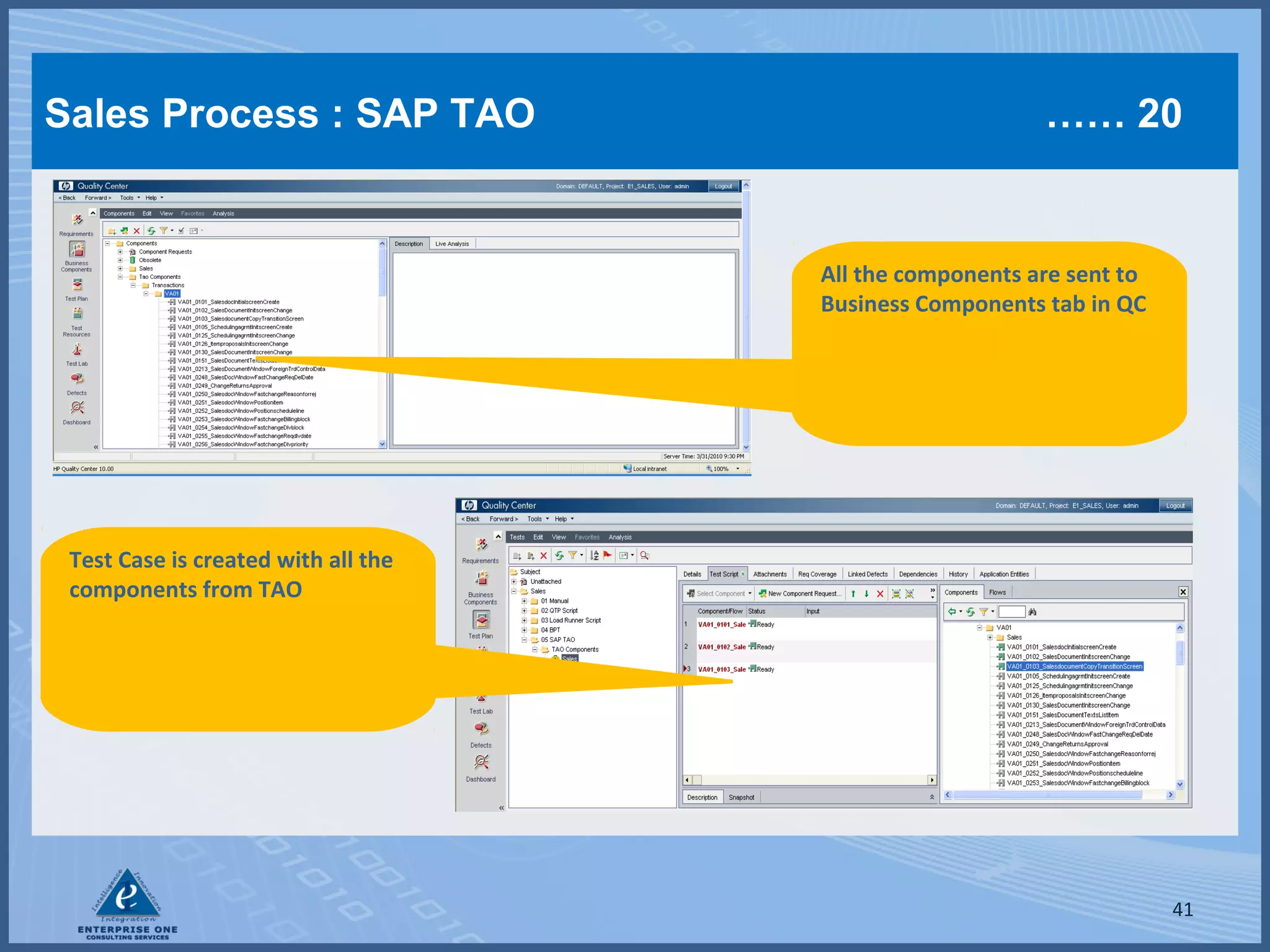 Sales Process : SAP TAO

…… 20

All the components are sent to
Business Components tab in QC

Test Case is created with all the
components from TAO

41

 
