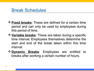 Break Schedules
 Fixed breaks: These are defined for a certain time
period and can only be used by employees during
this period of time.
 Variable breaks: These are taken during a specific
time interval. Employees themselves determine the
start and end of the break taken within this time
interval.
 Dynamic Breaks: Employees are entitled to
breaks after working a certain number of hours.

21

 