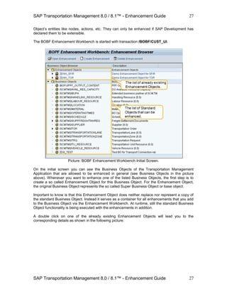 SAP Transportation Management 8.0 / 8.1™ - Enhancement Guide
SAP Transportation Management 8.0 / 8.1™ - Enhancement Guide
27
27
Object’s entities like nodes, actions, etc. They can only be enhanced if SAP Development has
declared them to be extensible.
The BOBF Enhancement Workbench is started with transaction /BOBF/CUST_UI.
Picture: BOBF Enhancement Workbench Initial Screen.
On the initial screen you can see the Business Objects of the Transportation Management
Application that are allowed to be enhanced in general (see Business Objects in the picture
above). Whenever you want to enhance one of the listed Business Objects, the first step is to
create a so called Enhancement Object for this Business Object. For the Enhancement Object,
the original Business Object represents the so called Super Business Object or base object.
Important to know is that this Enhancement Object does neither replace nor represent a copy of
the standard Business Object. Instead it serves as a container for all enhancements that you add
to the Business Object via the Enhancement Workbench. At runtime, still the standard Business
Object functionality is being executed with the enhancements in addition.
A double click on one of the already existing Enhancement Objects will lead you to the
corresponding details as shown in the following picture:
 