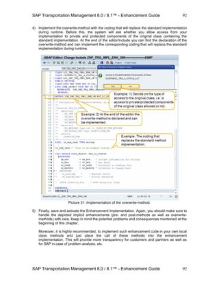 SAP Transportation Management 8.0 / 8.1™ - Enhancement Guide
SAP Transportation Management 8.0 / 8.1™ - Enhancement Guide
92
92
4) Implement the overwrite-method with the coding that will replace the standard implementation
during runtime. Before this, the system will ask whether you allow access from your
implementation to private and protected components of the original class containing the
standard implementation. At the end of the editor/include you can find the declaration of the
overwrite-method and can implement the corresponding coding that will replace the standard
implementation during runtime.
Picture 31: Implementation of the overwrite-method.
5) Finally, save and activate the Enhancement Implementation. Again, you should make sure to
handle the depicted implicit enhancements (pre- and post-methods as well as overwrite-
methods) with care. Keep in mind the potential problems and consequences mentioned at the
beginning of this chapter.
Moreover, it is highly recommended, to implement such enhancement code in your own local
class methods and just place the call of these methods into the enhancement
implementation. This will provide more transparency for customers and partners as well as
for SAP in case of problem analysis, etc.
 