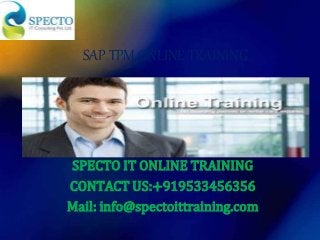 SAP TPM ONLINE TRAINING
SPECTO IT ONLINE TRAINING
CONTACT US:+919533456356
Mail: info@spectoittraining.com
 
