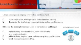 1.Treat training as an ongoing process to a one time event
 avoid single event training courses and continuous learning.
 Recognize the link between ongoing training and reduced turnover.
2.Choose the training format that needs of our audience and budget.
 online training is more efficient , more cost effective
and easy to customize.
 offline training requires space and time away from regular duties,
 which can decrease productivity.
 