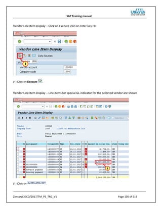 SAP Training manual
Zensar/CIDCO/2017/TM_PS_TRG_V1 Page 105 of 519
Vendor Line Item Display – Click on Execute icon or enter key F8
(1) Click on Execute .
Vendor Line Item Display – Line items for special GL indicator for the selected vendor are shown
(1) Click on .
 