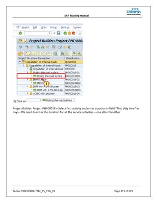 SAP Training manual
Zensar/CIDCO/2017/TM_PS_TRG_V1 Page 111 of 519
(1) Click on .
Project Builder: Project PHI-00018 – Select first activity and enter duration in field “Plnd dely time” in
days-- We need to enter the duration for all the service activities – one after the other
 