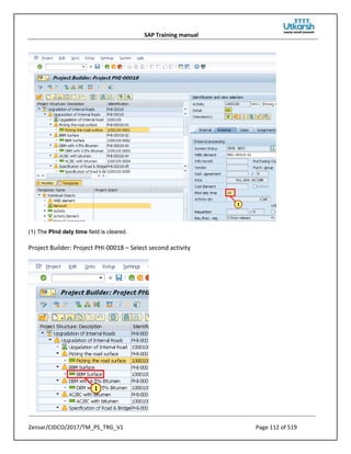 SAP Training manual
Zensar/CIDCO/2017/TM_PS_TRG_V1 Page 112 of 519
(1) The Plnd dely time field is cleared.
Project Builder: Project PHI-00018 – Select second activity
 