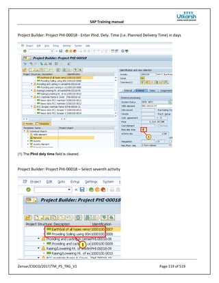 SAP Training manual
Zensar/CIDCO/2017/TM_PS_TRG_V1 Page 119 of 519
Project Builder: Project PHI-00018 - Enter Plnd. Dely. Time (i.e. Planned Delivery Time) in days
(1) The Plnd dely time field is cleared.
Project Builder: Project PHI-00018 – Select seventh activity
 