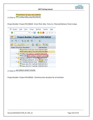 SAP Training manual
Zensar/CIDCO/2017/TM_PS_TRG_V1 Page 120 of 519
(1) Click on .
Project Builder: Project PHI-00018 - Enter Plnd. Dely. Time (i.e. Planned Delivery Time) in days
(1) Click on .
Project Builder: Project PHI-00018 – Similarly enter duration for all activities
 