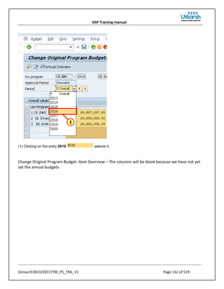 SAP Training manual
Zensar/CIDCO/2017/TM_PS_TRG_V1 Page 132 of 519
(1) Clicking on the entry 2016 selects it.
Change Original Program Budget: Item Overview – The columns will be blank because we have not yet
set the annual budgets
 
