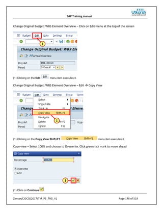 SAP Training manual
Zensar/CIDCO/2017/TM_PS_TRG_V1 Page 146 of 519
Change Original Budget: WBS Element Overview – Click on Edit menu at the top of the screen
(1) Clicking on the Edit menu item executes it.
Change Original Budget: WBS Element Overview – Edit  Copy View
(1) Clicking on the Copy View Shift+F1 menu item executes it.
Copy view – Select 100% and choose to Overwrite. Click green tick mark to move ahead
(1) Click on Continue .
 