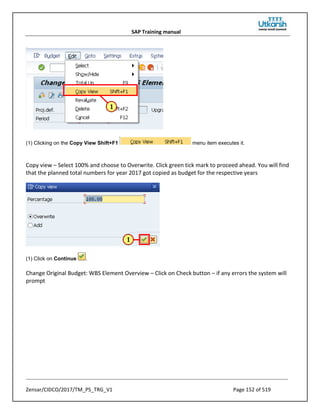 SAP Training manual
Zensar/CIDCO/2017/TM_PS_TRG_V1 Page 152 of 519
(1) Clicking on the Copy View Shift+F1 menu item executes it.
Copy view – Select 100% and choose to Overwrite. Click green tick mark to proceed ahead. You will find
that the planned total numbers for year 2017 got copied as budget for the respective years
(1) Click on Continue .
Change Original Budget: WBS Element Overview – Click on Check button – if any errors the system will
prompt
 