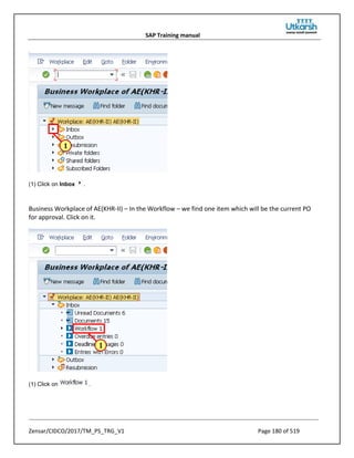 SAP Training manual
Zensar/CIDCO/2017/TM_PS_TRG_V1 Page 180 of 519
(1) Click on Inbox .
Business Workplace of AE(KHR-II) – In the Workflow – we find one item which will be the current PO
for approval. Click on it.
(1) Click on .
 