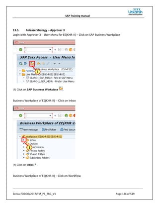 SAP Training manual
Zensar/CIDCO/2017/TM_PS_TRG_V1 Page 186 of 519
13.5. Release Strategy – Approver 3
Login with Approver 3 - User Menu for EE(KHR-II) – Click on SAP Business Workplace
(1) Click on SAP Business Workplace .
Business Workplace of EE(KHR-II) -- Click on Inbox
(1) Click on Inbox .
Business Workplace of EE(KHR-II) – Click on Workflow
 