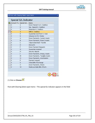 SAP Training manual
Zensar/CIDCO/2017/TM_PS_TRG_V1 Page 201 of 519
(1) Click on Choose .
Post with Clearing Select open items – The special GL indicator appears in the field
 