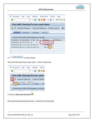 SAP Training manual
Zensar/CIDCO/2017/TM_PS_TRG_V1 Page 205 of 519
(1) is double-clicked.
Post with Clearing Process open items – Click on Overview
(1) Click on Document Overview .
Post with Clearing Display Overview – Select 29 as Posting Key
 