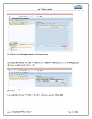 SAP Training manual
Zensar/CIDCO/2017/TM_PS_TRG_V1 Page 25 of 519
(1) Clicking in the scroll area makes the desired area appear.
Project Builder: Project PHI-00018v- Check the checkbox for Inherit column so that all the project
structure adopts this inheritance rule
(1) Click on .
Project Builder: Project PHI-00018 – Similarly add other rows for AEE and EE
 