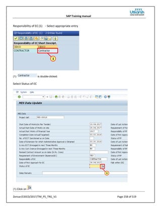 SAP Training manual
Zensar/CIDCO/2017/TM_PS_TRG_V1 Page 258 of 519
Responsibility of EC (1) - Select appropriate entry
(1) is double-clicked.
Select Status of EC
(1) Click on .
 
