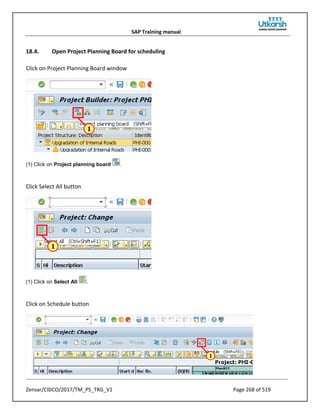 SAP Training manual
Zensar/CIDCO/2017/TM_PS_TRG_V1 Page 268 of 519
18.4. Open Project Planning Board for scheduling
Click on Project Planning Board window
(1) Click on Project planning board .
Click Select All button
(1) Click on Select All .
Click on Schedule button
 