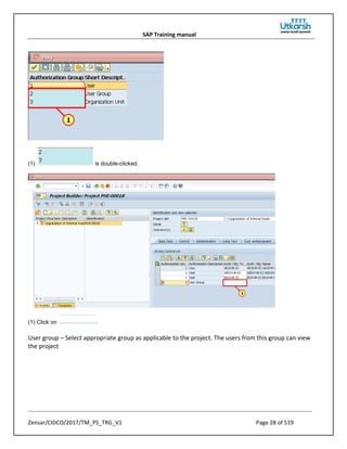 SAP Training manual
Zensar/CIDCO/2017/TM_PS_TRG_V1 Page 28 of 519
(1) is double-clicked.
(1) Click on .
User group – Select appropriate group as applicable to the project. The users from this group can view
the project
 