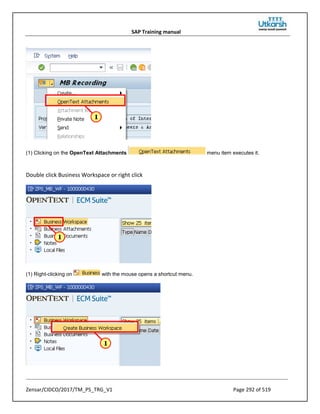 SAP Training manual
Zensar/CIDCO/2017/TM_PS_TRG_V1 Page 292 of 519
(1) Clicking on the OpenText Attachments menu item executes it.
Double click Business Workspace or right click
(1) Right-clicking on with the mouse opens a shortcut menu.
 