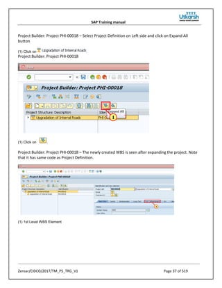 SAP Training manual
Zensar/CIDCO/2017/TM_PS_TRG_V1 Page 37 of 519
Project Builder: Project PHI-00018 – Select Project Definition on Left side and click on Expand All
button
(1) Click on .
Project Builder: Project PHI-00018
(1) Click on .
Project Builder: Project PHI-00018 – The newly created WBS is seen after expanding the project. Note
that it has same code as Project Definition.
(1) 1st Level WBS Element
 