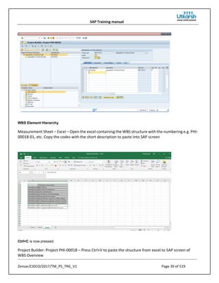 SAP Training manual
Zensar/CIDCO/2017/TM_PS_TRG_V1 Page 39 of 519
WBS Element Hierarchy
Measurement Sheet – Excel – Open the excel containing the WBS structure with the numbering e.g. PHI-
00018-01, etc. Copy the codes with the short description to paste into SAP screen
Ctrl+C is now pressed.
Project Builder: Project PHI-00018 – Press Ctrl+V to paste the structure from excel to SAP screen of
WBS Overview
 