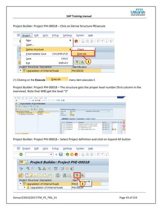 SAP Training manual
Zensar/CIDCO/2017/TM_PS_TRG_V1 Page 43 of 519
Project Builder: Project PHI-00018 – Click on Derive StructureExecute
(1) Clicking on the Execute menu item executes it.
Project Builder: Project PHI-00018 – The structure gets the proper level number (first column in the
overview). Note that WBS get the level “2”
Project Builder: Project PHI-00018 – Select Project definition and click on Expand All button
 