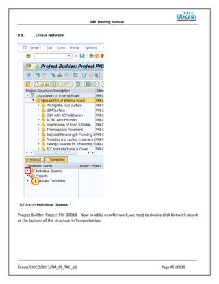 SAP Training manual
Zensar/CIDCO/2017/TM_PS_TRG_V1 Page 45 of 519
3.8. Create Network
(1) Click on Individual Objects .
Project Builder: Project PHI-00018 – Now to add a new Network, we need to double click Network object
at the bottom of the structure in Templates tab
 