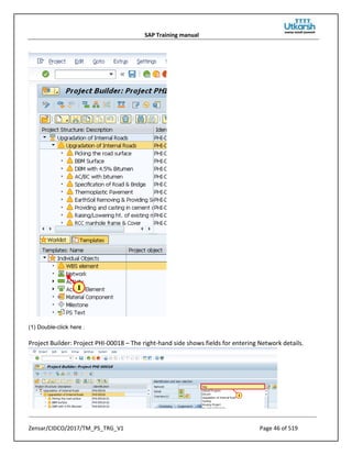 SAP Training manual
Zensar/CIDCO/2017/TM_PS_TRG_V1 Page 46 of 519
(1) Double-click here .
Project Builder: Project PHI-00018 – The right-hand side shows fields for entering Network details.
 