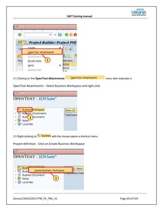 SAP Training manual
Zensar/CIDCO/2017/TM_PS_TRG_V1 Page 69 of 519
(1) Clicking on the OpenText Attachments menu item executes it.
OpenText Attachments – Select Business Workspace and right click
(1) Right-clicking on with the mouse opens a shortcut menu.
Project definition - Click on Create Business Workspace
 