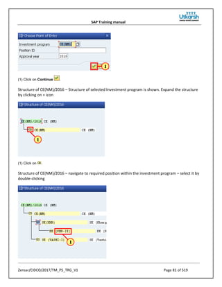 SAP Training manual
Zensar/CIDCO/2017/TM_PS_TRG_V1 Page 81 of 519
(1) Click on Continue .
Structure of CE(NM)/2016 – Structure of selected Investment program is shown. Expand the structure
by clicking on + icon
(1) Click on .
Structure of CE(NM)/2016 – navigate to required position within the investment program – select it by
double-clicking
 