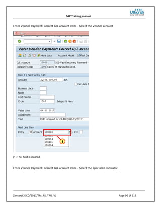 SAP Training manual
Zensar/CIDCO/2017/TM_PS_TRG_V1 Page 96 of 519
Enter Vendor Payment: Correct G/L account item – Select the Vendor account
(1) The field is cleared.
Enter Vendor Payment: Correct G/L account item – Select the Special GL indicator
 