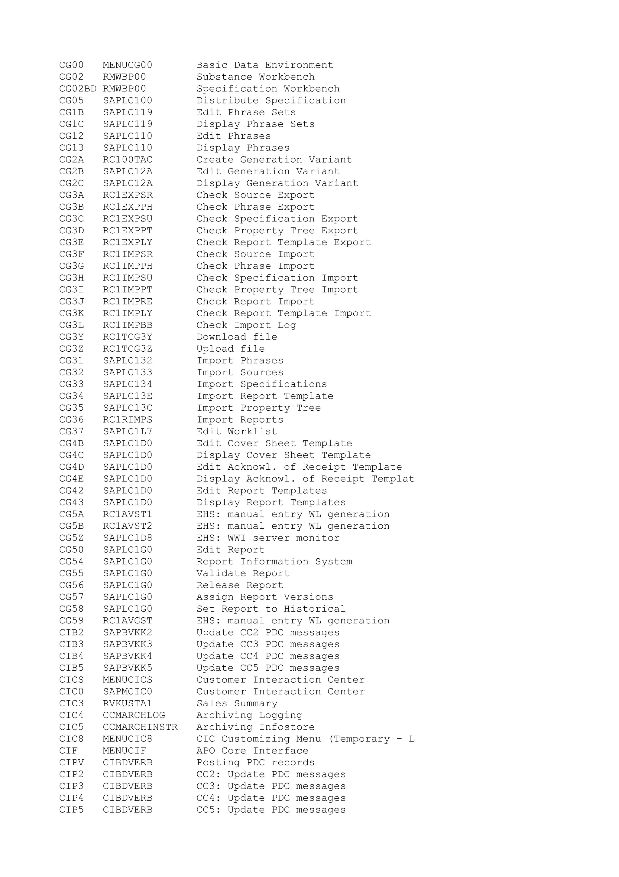 CG00 MENUCG00 Basic Data Environment
CG02 RMWBP00 Substance Workbench
CG02BD RMWBP00 Specification Workbench
CG05 SAPLC100 Distribute Specification
CG1B SAPLC119 Edit Phrase Sets
CG1C SAPLC119 Display Phrase Sets
CG12 SAPLC110 Edit Phrases
CG13 SAPLC110 Display Phrases
CG2A RC100TAC Create Generation Variant
CG2B SAPLC12A Edit Generation Variant
CG2C SAPLC12A Display Generation Variant
CG3A RC1EXPSR Check Source Export
CG3B RC1EXPPH Check Phrase Export
CG3C RC1EXPSU Check Specification Export
CG3D RC1EXPPT Check Property Tree Export
CG3E RC1EXPLY Check Report Template Export
CG3F RC1IMPSR Check Source Import
CG3G RC1IMPPH Check Phrase Import
CG3H RC1IMPSU Check Specification Import
CG3I RC1IMPPT Check Property Tree Import
CG3J RC1IMPRE Check Report Import
CG3K RC1IMPLY Check Report Template Import
CG3L RC1IMPBB Check Import Log
CG3Y RC1TCG3Y Download file
CG3Z RC1TCG3Z Upload file
CG31 SAPLC132 Import Phrases
CG32 SAPLC133 Import Sources
CG33 SAPLC134 Import Specifications
CG34 SAPLC13E Import Report Template
CG35 SAPLC13C Import Property Tree
CG36 RC1RIMPS Import Reports
CG37 SAPLC1L7 Edit Worklist
CG4B SAPLC1D0 Edit Cover Sheet Template
CG4C SAPLC1D0 Display Cover Sheet Template
CG4D SAPLC1D0 Edit Acknowl. of Receipt Template
CG4E SAPLC1D0 Display Acknowl. of Receipt Templat
CG42 SAPLC1D0 Edit Report Templates
CG43 SAPLC1D0 Display Report Templates
CG5A RC1AVST1 EHS: manual entry WL generation
CG5B RC1AVST2 EHS: manual entry WL generation
CG5Z SAPLC1D8 EHS: WWI server monitor
CG50 SAPLC1G0 Edit Report
CG54 SAPLC1G0 Report Information System
CG55 SAPLC1G0 Validate Report
CG56 SAPLC1G0 Release Report
CG57 SAPLC1G0 Assign Report Versions
CG58 SAPLC1G0 Set Report to Historical
CG59 RC1AVGST EHS: manual entry WL generation
CIB2 SAPBVKK2 Update CC2 PDC messages
CIB3 SAPBVKK3 Update CC3 PDC messages
CIB4 SAPBVKK4 Update CC4 PDC messages
CIB5 SAPBVKK5 Update CC5 PDC messages
CICS MENUCICS Customer Interaction Center
CIC0 SAPMCIC0 Customer Interaction Center
CIC3 RVKUSTA1 Sales Summary
CIC4 CCMARCHLOG Archiving Logging
CIC5 CCMARCHINSTR Archiving Infostore
CIC8 MENUCIC8 CIC Customizing Menu (Temporary - L
CIF MENUCIF APO Core Interface
CIPV CIBDVERB Posting PDC records
CIP2 CIBDVERB CC2: Update PDC messages
CIP3 CIBDVERB CC3: Update PDC messages
CIP4 CIBDVERB CC4: Update PDC messages
CIP5 CIBDVERB CC5: Update PDC messages
 