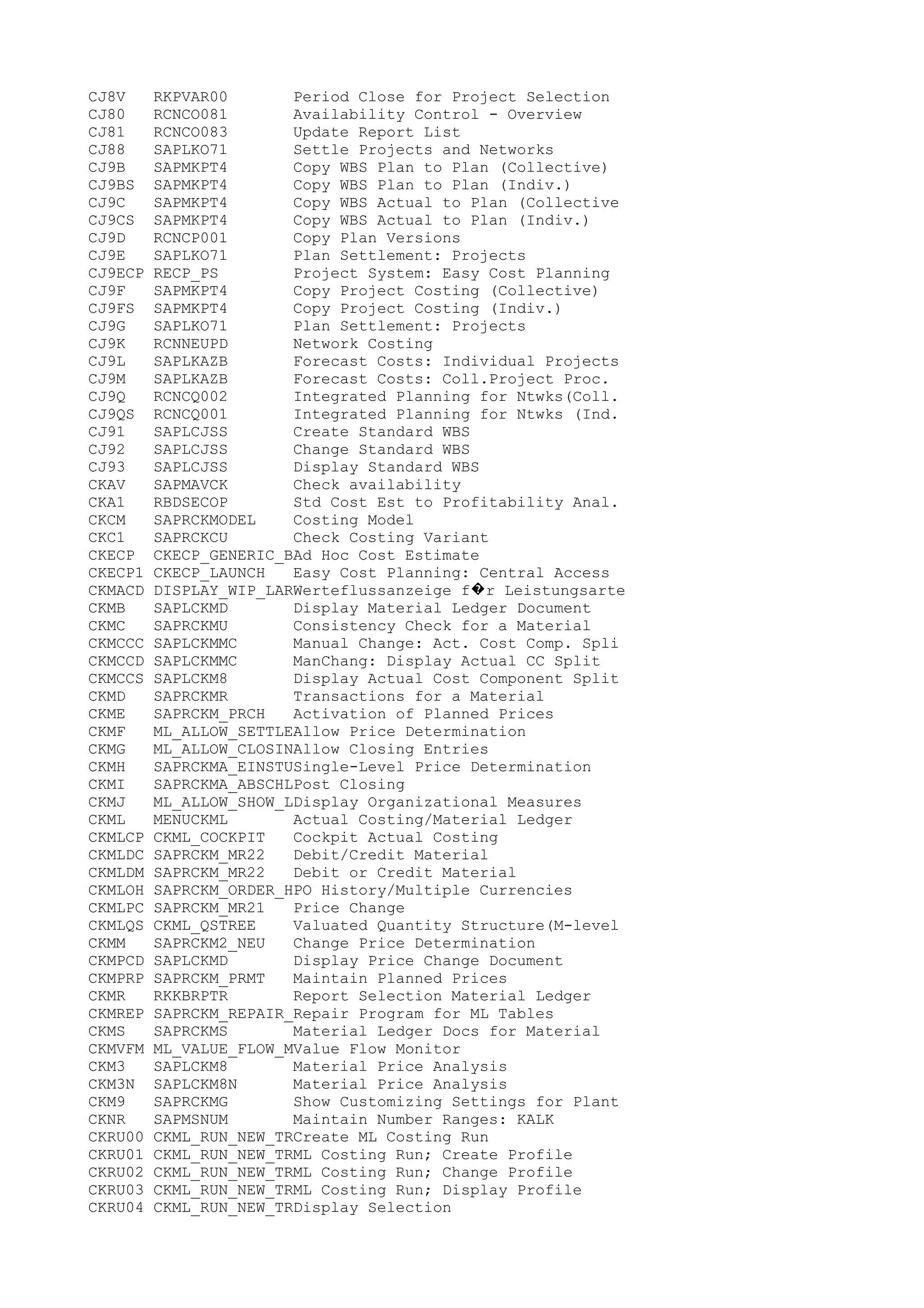 CJ8V RKPVAR00 Period Close for Project Selection
CJ80 RCNCO081 Availability Control - Overview
CJ81 RCNCO083 Update Report List
CJ88 SAPLKO71 Settle Projects and Networks
CJ9B SAPMKPT4 Copy WBS Plan to Plan (Collective)
CJ9BS SAPMKPT4 Copy WBS Plan to Plan (Indiv.)
CJ9C SAPMKPT4 Copy WBS Actual to Plan (Collective
CJ9CS SAPMKPT4 Copy WBS Actual to Plan (Indiv.)
CJ9D RCNCP001 Copy Plan Versions
CJ9E SAPLKO71 Plan Settlement: Projects
CJ9ECP RECP_PS Project System: Easy Cost Planning
CJ9F SAPMKPT4 Copy Project Costing (Collective)
CJ9FS SAPMKPT4 Copy Project Costing (Indiv.)
CJ9G SAPLKO71 Plan Settlement: Projects
CJ9K RCNNEUPD Network Costing
CJ9L SAPLKAZB Forecast Costs: Individual Projects
CJ9M SAPLKAZB Forecast Costs: Coll.Project Proc.
CJ9Q RCNCQ002 Integrated Planning for Ntwks(Coll.
CJ9QS RCNCQ001 Integrated Planning for Ntwks (Ind.
CJ91 SAPLCJSS Create Standard WBS
CJ92 SAPLCJSS Change Standard WBS
CJ93 SAPLCJSS Display Standard WBS
CKAV SAPMAVCK Check availability
CKA1 RBDSECOP Std Cost Est to Profitability Anal.
CKCM SAPRCKMODEL Costing Model
CKC1 SAPRCKCU Check Costing Variant
CKECP CKECP_GENERIC_BAd Hoc Cost Estimate
CKECP1 CKECP_LAUNCH Easy Cost Planning: Central Access
CKMACD DISPLAY_WIP_LARWerteflussanzeige f r Leistungsarte�
CKMB SAPLCKMD Display Material Ledger Document
CKMC SAPRCKMU Consistency Check for a Material
CKMCCC SAPLCKMMC Manual Change: Act. Cost Comp. Spli
CKMCCD SAPLCKMMC ManChang: Display Actual CC Split
CKMCCS SAPLCKM8 Display Actual Cost Component Split
CKMD SAPRCKMR Transactions for a Material
CKME SAPRCKM_PRCH Activation of Planned Prices
CKMF ML_ALLOW_SETTLEAllow Price Determination
CKMG ML_ALLOW_CLOSINAllow Closing Entries
CKMH SAPRCKMA_EINSTUSingle-Level Price Determination
CKMI SAPRCKMA_ABSCHLPost Closing
CKMJ ML_ALLOW_SHOW_LDisplay Organizational Measures
CKML MENUCKML Actual Costing/Material Ledger
CKMLCP CKML_COCKPIT Cockpit Actual Costing
CKMLDC SAPRCKM_MR22 Debit/Credit Material
CKMLDM SAPRCKM_MR22 Debit or Credit Material
CKMLOH SAPRCKM_ORDER_HPO History/Multiple Currencies
CKMLPC SAPRCKM_MR21 Price Change
CKMLQS CKML_QSTREE Valuated Quantity Structure(M-level
CKMM SAPRCKM2_NEU Change Price Determination
CKMPCD SAPLCKMD Display Price Change Document
CKMPRP SAPRCKM_PRMT Maintain Planned Prices
CKMR RKKBRPTR Report Selection Material Ledger
CKMREP SAPRCKM_REPAIR_Repair Program for ML Tables
CKMS SAPRCKMS Material Ledger Docs for Material
CKMVFM ML_VALUE_FLOW_MValue Flow Monitor
CKM3 SAPLCKM8 Material Price Analysis
CKM3N SAPLCKM8N Material Price Analysis
CKM9 SAPRCKMG Show Customizing Settings for Plant
CKNR SAPMSNUM Maintain Number Ranges: KALK
CKRU00 CKML_RUN_NEW_TRCreate ML Costing Run
CKRU01 CKML_RUN_NEW_TRML Costing Run; Create Profile
CKRU02 CKML_RUN_NEW_TRML Costing Run; Change Profile
CKRU03 CKML_RUN_NEW_TRML Costing Run; Display Profile
CKRU04 CKML_RUN_NEW_TRDisplay Selection
 