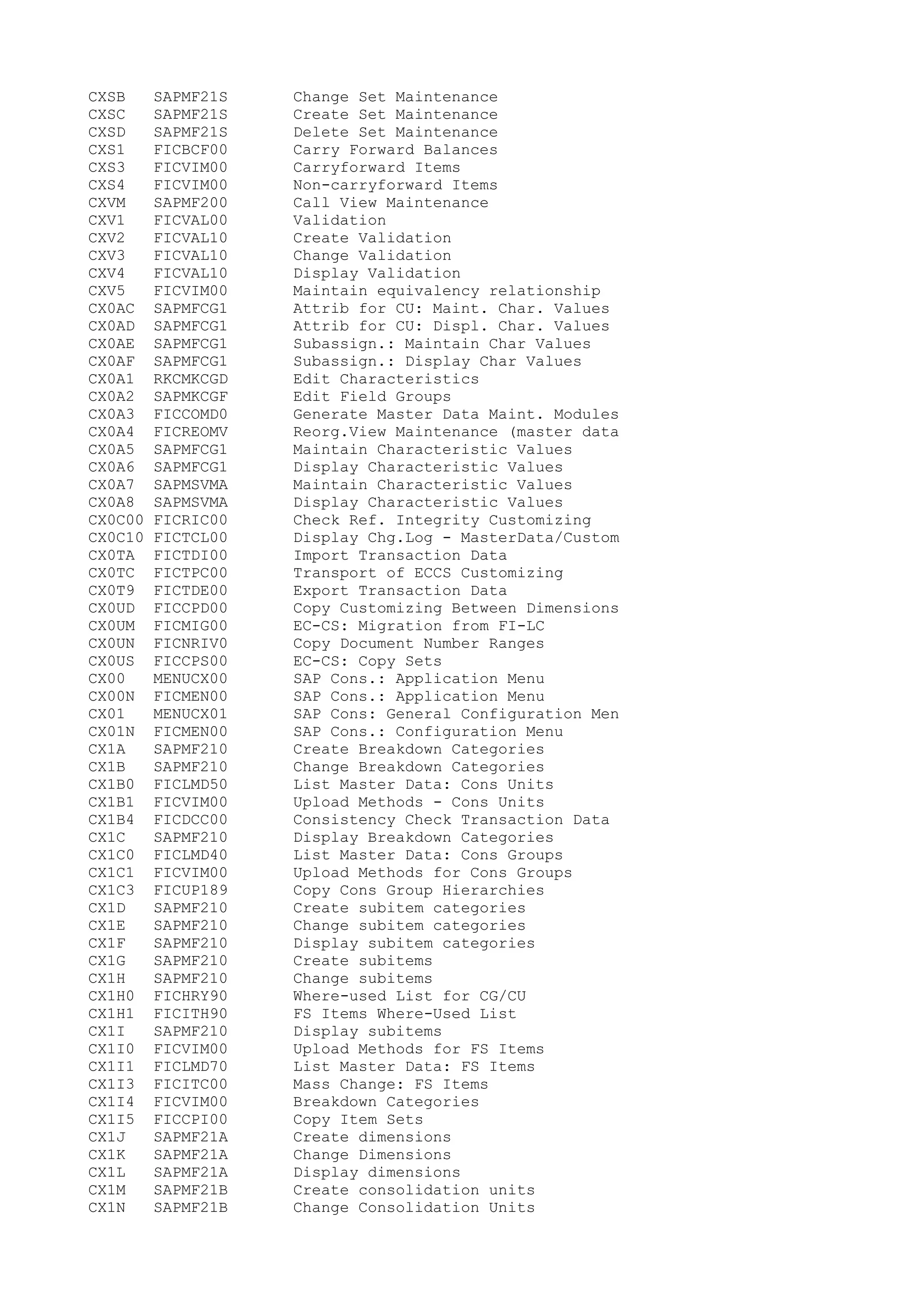 CXSB SAPMF21S Change Set Maintenance
CXSC SAPMF21S Create Set Maintenance
CXSD SAPMF21S Delete Set Maintenance
CXS1 FICBCF00 Carry Forward Balances
CXS3 FICVIM00 Carryforward Items
CXS4 FICVIM00 Non-carryforward Items
CXVM SAPMF200 Call View Maintenance
CXV1 FICVAL00 Validation
CXV2 FICVAL10 Create Validation
CXV3 FICVAL10 Change Validation
CXV4 FICVAL10 Display Validation
CXV5 FICVIM00 Maintain equivalency relationship
CX0AC SAPMFCG1 Attrib for CU: Maint. Char. Values
CX0AD SAPMFCG1 Attrib for CU: Displ. Char. Values
CX0AE SAPMFCG1 Subassign.: Maintain Char Values
CX0AF SAPMFCG1 Subassign.: Display Char Values
CX0A1 RKCMKCGD Edit Characteristics
CX0A2 SAPMKCGF Edit Field Groups
CX0A3 FICCOMD0 Generate Master Data Maint. Modules
CX0A4 FICREOMV Reorg.View Maintenance (master data
CX0A5 SAPMFCG1 Maintain Characteristic Values
CX0A6 SAPMFCG1 Display Characteristic Values
CX0A7 SAPMSVMA Maintain Characteristic Values
CX0A8 SAPMSVMA Display Characteristic Values
CX0C00 FICRIC00 Check Ref. Integrity Customizing
CX0C10 FICTCL00 Display Chg.Log - MasterData/Custom
CX0TA FICTDI00 Import Transaction Data
CX0TC FICTPC00 Transport of ECCS Customizing
CX0T9 FICTDE00 Export Transaction Data
CX0UD FICCPD00 Copy Customizing Between Dimensions
CX0UM FICMIG00 EC-CS: Migration from FI-LC
CX0UN FICNRIV0 Copy Document Number Ranges
CX0US FICCPS00 EC-CS: Copy Sets
CX00 MENUCX00 SAP Cons.: Application Menu
CX00N FICMEN00 SAP Cons.: Application Menu
CX01 MENUCX01 SAP Cons: General Configuration Men
CX01N FICMEN00 SAP Cons.: Configuration Menu
CX1A SAPMF210 Create Breakdown Categories
CX1B SAPMF210 Change Breakdown Categories
CX1B0 FICLMD50 List Master Data: Cons Units
CX1B1 FICVIM00 Upload Methods - Cons Units
CX1B4 FICDCC00 Consistency Check Transaction Data
CX1C SAPMF210 Display Breakdown Categories
CX1C0 FICLMD40 List Master Data: Cons Groups
CX1C1 FICVIM00 Upload Methods for Cons Groups
CX1C3 FICUP189 Copy Cons Group Hierarchies
CX1D SAPMF210 Create subitem categories
CX1E SAPMF210 Change subitem categories
CX1F SAPMF210 Display subitem categories
CX1G SAPMF210 Create subitems
CX1H SAPMF210 Change subitems
CX1H0 FICHRY90 Where-used List for CG/CU
CX1H1 FICITH90 FS Items Where-Used List
CX1I SAPMF210 Display subitems
CX1I0 FICVIM00 Upload Methods for FS Items
CX1I1 FICLMD70 List Master Data: FS Items
CX1I3 FICITC00 Mass Change: FS Items
CX1I4 FICVIM00 Breakdown Categories
CX1I5 FICCPI00 Copy Item Sets
CX1J SAPMF21A Create dimensions
CX1K SAPMF21A Change Dimensions
CX1L SAPMF21A Display dimensions
CX1M SAPMF21B Create consolidation units
CX1N SAPMF21B Change Consolidation Units
 