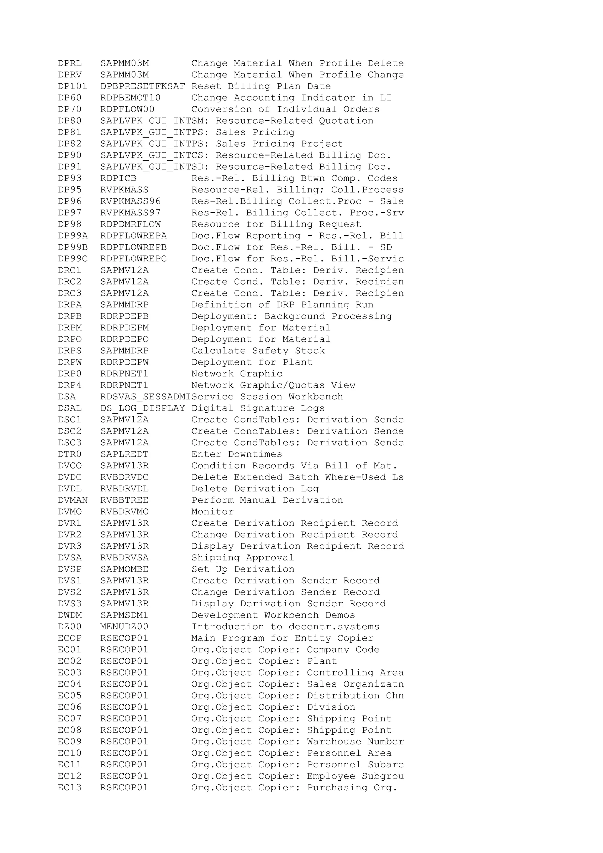 DPRL SAPMM03M Change Material When Profile Delete
DPRV SAPMM03M Change Material When Profile Change
DP101 DPBPRESETFKSAF Reset Billing Plan Date
DP60 RDPBEMOT10 Change Accounting Indicator in LI
DP70 RDPFLOW00 Conversion of Individual Orders
DP80 SAPLVPK_GUI_INTSM: Resource-Related Quotation
DP81 SAPLVPK_GUI_INTPS: Sales Pricing
DP82 SAPLVPK_GUI_INTPS: Sales Pricing Project
DP90 SAPLVPK_GUI_INTCS: Resource-Related Billing Doc.
DP91 SAPLVPK_GUI_INTSD: Resource-Related Billing Doc.
DP93 RDPICB Res.-Rel. Billing Btwn Comp. Codes
DP95 RVPKMASS Resource-Rel. Billing; Coll.Process
DP96 RVPKMASS96 Res-Rel.Billing Collect.Proc - Sale
DP97 RVPKMASS97 Res-Rel. Billing Collect. Proc.-Srv
DP98 RDPDMRFLOW Resource for Billing Request
DP99A RDPFLOWREPA Doc.Flow Reporting - Res.-Rel. Bill
DP99B RDPFLOWREPB Doc.Flow for Res.-Rel. Bill. - SD
DP99C RDPFLOWREPC Doc.Flow for Res.-Rel. Bill.-Servic
DRC1 SAPMV12A Create Cond. Table: Deriv. Recipien
DRC2 SAPMV12A Create Cond. Table: Deriv. Recipien
DRC3 SAPMV12A Create Cond. Table: Deriv. Recipien
DRPA SAPMMDRP Definition of DRP Planning Run
DRPB RDRPDEPB Deployment: Background Processing
DRPM RDRPDEPM Deployment for Material
DRPO RDRPDEPO Deployment for Material
DRPS SAPMMDRP Calculate Safety Stock
DRPW RDRPDEPW Deployment for Plant
DRP0 RDRPNET1 Network Graphic
DRP4 RDRPNET1 Network Graphic/Quotas View
DSA RDSVAS_SESSADMIService Session Workbench
DSAL DS_LOG_DISPLAY Digital Signature Logs
DSC1 SAPMV12A Create CondTables: Derivation Sende
DSC2 SAPMV12A Create CondTables: Derivation Sende
DSC3 SAPMV12A Create CondTables: Derivation Sende
DTR0 SAPLREDT Enter Downtimes
DVCO SAPMV13R Condition Records Via Bill of Mat.
DVDC RVBDRVDC Delete Extended Batch Where-Used Ls
DVDL RVBDRVDL Delete Derivation Log
DVMAN RVBBTREE Perform Manual Derivation
DVMO RVBDRVMO Monitor
DVR1 SAPMV13R Create Derivation Recipient Record
DVR2 SAPMV13R Change Derivation Recipient Record
DVR3 SAPMV13R Display Derivation Recipient Record
DVSA RVBDRVSA Shipping Approval
DVSP SAPMOMBE Set Up Derivation
DVS1 SAPMV13R Create Derivation Sender Record
DVS2 SAPMV13R Change Derivation Sender Record
DVS3 SAPMV13R Display Derivation Sender Record
DWDM SAPMSDM1 Development Workbench Demos
DZ00 MENUDZ00 Introduction to decentr.systems
ECOP RSECOP01 Main Program for Entity Copier
EC01 RSECOP01 Org.Object Copier: Company Code
EC02 RSECOP01 Org.Object Copier: Plant
EC03 RSECOP01 Org.Object Copier: Controlling Area
EC04 RSECOP01 Org.Object Copier: Sales Organizatn
EC05 RSECOP01 Org.Object Copier: Distribution Chn
EC06 RSECOP01 Org.Object Copier: Division
EC07 RSECOP01 Org.Object Copier: Shipping Point
EC08 RSECOP01 Org.Object Copier: Shipping Point
EC09 RSECOP01 Org.Object Copier: Warehouse Number
EC10 RSECOP01 Org.Object Copier: Personnel Area
EC11 RSECOP01 Org.Object Copier: Personnel Subare
EC12 RSECOP01 Org.Object Copier: Employee Subgrou
EC13 RSECOP01 Org.Object Copier: Purchasing Org.
 