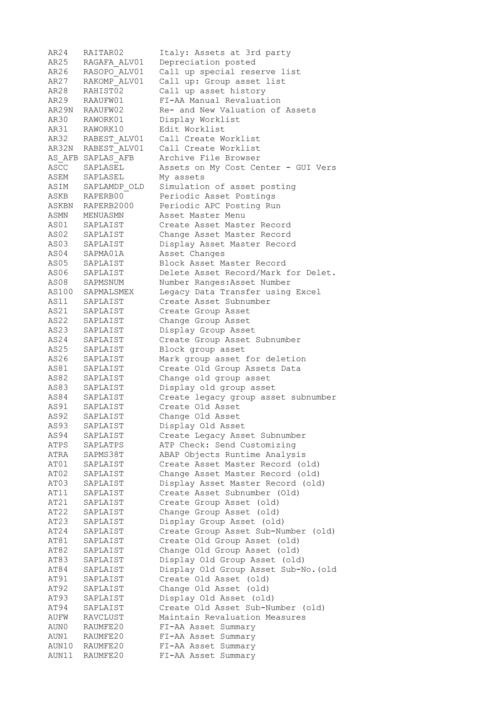 AR24 RAITAR02 Italy: Assets at 3rd party
AR25 RAGAFA_ALV01 Depreciation posted
AR26 RASOPO_ALV01 Call up special reserve list
AR27 RAKOMP_ALV01 Call up: Group asset list
AR28 RAHIST02 Call up asset history
AR29 RAAUFW01 FI-AA Manual Revaluation
AR29N RAAUFW02 Re- and New Valuation of Assets
AR30 RAWORK01 Display Worklist
AR31 RAWORK10 Edit Worklist
AR32 RABEST_ALV01 Call Create Worklist
AR32N RABEST_ALV01 Call Create Worklist
AS_AFB SAPLAS_AFB Archive File Browser
ASCC SAPLASEL Assets on My Cost Center - GUI Vers
ASEM SAPLASEL My assets
ASIM SAPLAMDP_OLD Simulation of asset posting
ASKB RAPERB00 Periodic Asset Postings
ASKBN RAPERB2000 Periodic APC Posting Run
ASMN MENUASMN Asset Master Menu
AS01 SAPLAIST Create Asset Master Record
AS02 SAPLAIST Change Asset Master Record
AS03 SAPLAIST Display Asset Master Record
AS04 SAPMA01A Asset Changes
AS05 SAPLAIST Block Asset Master Record
AS06 SAPLAIST Delete Asset Record/Mark for Delet.
AS08 SAPMSNUM Number Ranges:Asset Number
AS100 SAPMALSMEX Legacy Data Transfer using Excel
AS11 SAPLAIST Create Asset Subnumber
AS21 SAPLAIST Create Group Asset
AS22 SAPLAIST Change Group Asset
AS23 SAPLAIST Display Group Asset
AS24 SAPLAIST Create Group Asset Subnumber
AS25 SAPLAIST Block group asset
AS26 SAPLAIST Mark group asset for deletion
AS81 SAPLAIST Create Old Group Assets Data
AS82 SAPLAIST Change old group asset
AS83 SAPLAIST Display old group asset
AS84 SAPLAIST Create legacy group asset subnumber
AS91 SAPLAIST Create Old Asset
AS92 SAPLAIST Change Old Asset
AS93 SAPLAIST Display Old Asset
AS94 SAPLAIST Create Legacy Asset Subnumber
ATPS SAPLATPS ATP Check: Send Customizing
ATRA SAPMS38T ABAP Objects Runtime Analysis
AT01 SAPLAIST Create Asset Master Record (old)
AT02 SAPLAIST Change Asset Master Record (old)
AT03 SAPLAIST Display Asset Master Record (old)
AT11 SAPLAIST Create Asset Subnumber (Old)
AT21 SAPLAIST Create Group Asset (old)
AT22 SAPLAIST Change Group Asset (old)
AT23 SAPLAIST Display Group Asset (old)
AT24 SAPLAIST Create Group Asset Sub-Number (old)
AT81 SAPLAIST Create Old Group Asset (old)
AT82 SAPLAIST Change Old Group Asset (old)
AT83 SAPLAIST Display Old Group Asset (old)
AT84 SAPLAIST Display Old Group Asset Sub-No.(old
AT91 SAPLAIST Create Old Asset (old)
AT92 SAPLAIST Change Old Asset (old)
AT93 SAPLAIST Display Old Asset (old)
AT94 SAPLAIST Create Old Asset Sub-Number (old)
AUFW RAVCLUST Maintain Revaluation Measures
AUN0 RAUMFE20 FI-AA Asset Summary
AUN1 RAUMFE20 FI-AA Asset Summary
AUN10 RAUMFE20 FI-AA Asset Summary
AUN11 RAUMFE20 FI-AA Asset Summary
 