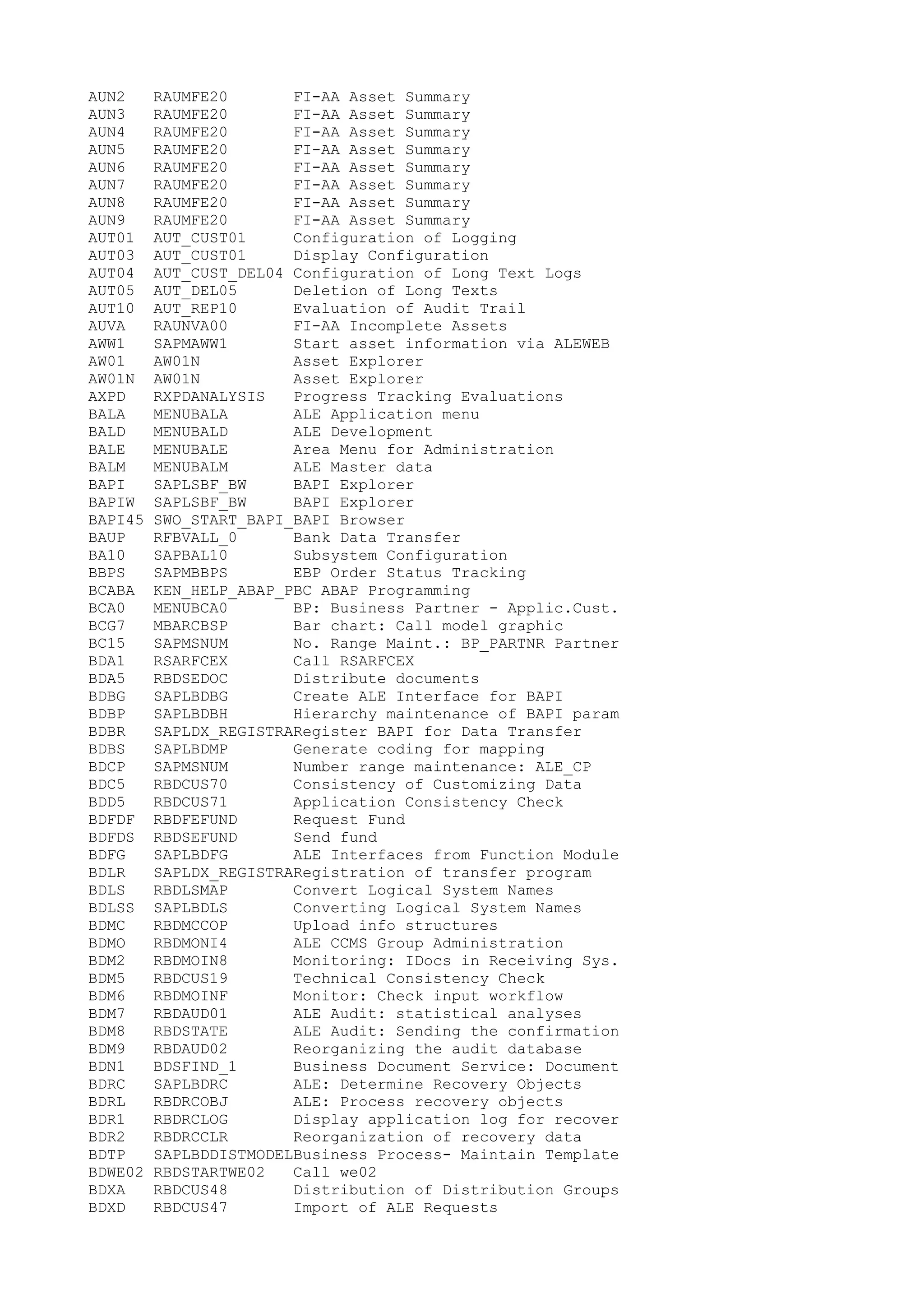 AUN2 RAUMFE20 FI-AA Asset Summary
AUN3 RAUMFE20 FI-AA Asset Summary
AUN4 RAUMFE20 FI-AA Asset Summary
AUN5 RAUMFE20 FI-AA Asset Summary
AUN6 RAUMFE20 FI-AA Asset Summary
AUN7 RAUMFE20 FI-AA Asset Summary
AUN8 RAUMFE20 FI-AA Asset Summary
AUN9 RAUMFE20 FI-AA Asset Summary
AUT01 AUT_CUST01 Configuration of Logging
AUT03 AUT_CUST01 Display Configuration
AUT04 AUT_CUST_DEL04 Configuration of Long Text Logs
AUT05 AUT_DEL05 Deletion of Long Texts
AUT10 AUT_REP10 Evaluation of Audit Trail
AUVA RAUNVA00 FI-AA Incomplete Assets
AWW1 SAPMAWW1 Start asset information via ALEWEB
AW01 AW01N Asset Explorer
AW01N AW01N Asset Explorer
AXPD RXPDANALYSIS Progress Tracking Evaluations
BALA MENUBALA ALE Application menu
BALD MENUBALD ALE Development
BALE MENUBALE Area Menu for Administration
BALM MENUBALM ALE Master data
BAPI SAPLSBF_BW BAPI Explorer
BAPIW SAPLSBF_BW BAPI Explorer
BAPI45 SWO_START_BAPI_BAPI Browser
BAUP RFBVALL_0 Bank Data Transfer
BA10 SAPBAL10 Subsystem Configuration
BBPS SAPMBBPS EBP Order Status Tracking
BCABA KEN_HELP_ABAP_PBC ABAP Programming
BCA0 MENUBCA0 BP: Business Partner - Applic.Cust.
BCG7 MBARCBSP Bar chart: Call model graphic
BC15 SAPMSNUM No. Range Maint.: BP_PARTNR Partner
BDA1 RSARFCEX Call RSARFCEX
BDA5 RBDSEDOC Distribute documents
BDBG SAPLBDBG Create ALE Interface for BAPI
BDBP SAPLBDBH Hierarchy maintenance of BAPI param
BDBR SAPLDX_REGISTRARegister BAPI for Data Transfer
BDBS SAPLBDMP Generate coding for mapping
BDCP SAPMSNUM Number range maintenance: ALE_CP
BDC5 RBDCUS70 Consistency of Customizing Data
BDD5 RBDCUS71 Application Consistency Check
BDFDF RBDFEFUND Request Fund
BDFDS RBDSEFUND Send fund
BDFG SAPLBDFG ALE Interfaces from Function Module
BDLR SAPLDX_REGISTRARegistration of transfer program
BDLS RBDLSMAP Convert Logical System Names
BDLSS SAPLBDLS Converting Logical System Names
BDMC RBDMCCOP Upload info structures
BDMO RBDMONI4 ALE CCMS Group Administration
BDM2 RBDMOIN8 Monitoring: IDocs in Receiving Sys.
BDM5 RBDCUS19 Technical Consistency Check
BDM6 RBDMOINF Monitor: Check input workflow
BDM7 RBDAUD01 ALE Audit: statistical analyses
BDM8 RBDSTATE ALE Audit: Sending the confirmation
BDM9 RBDAUD02 Reorganizing the audit database
BDN1 BDSFIND_1 Business Document Service: Document
BDRC SAPLBDRC ALE: Determine Recovery Objects
BDRL RBDRCOBJ ALE: Process recovery objects
BDR1 RBDRCLOG Display application log for recover
BDR2 RBDRCCLR Reorganization of recovery data
BDTP SAPLBDDISTMODELBusiness Process- Maintain Template
BDWE02 RBDSTARTWE02 Call we02
BDXA RBDCUS48 Distribution of Distribution Groups
BDXD RBDCUS47 Import of ALE Requests
 