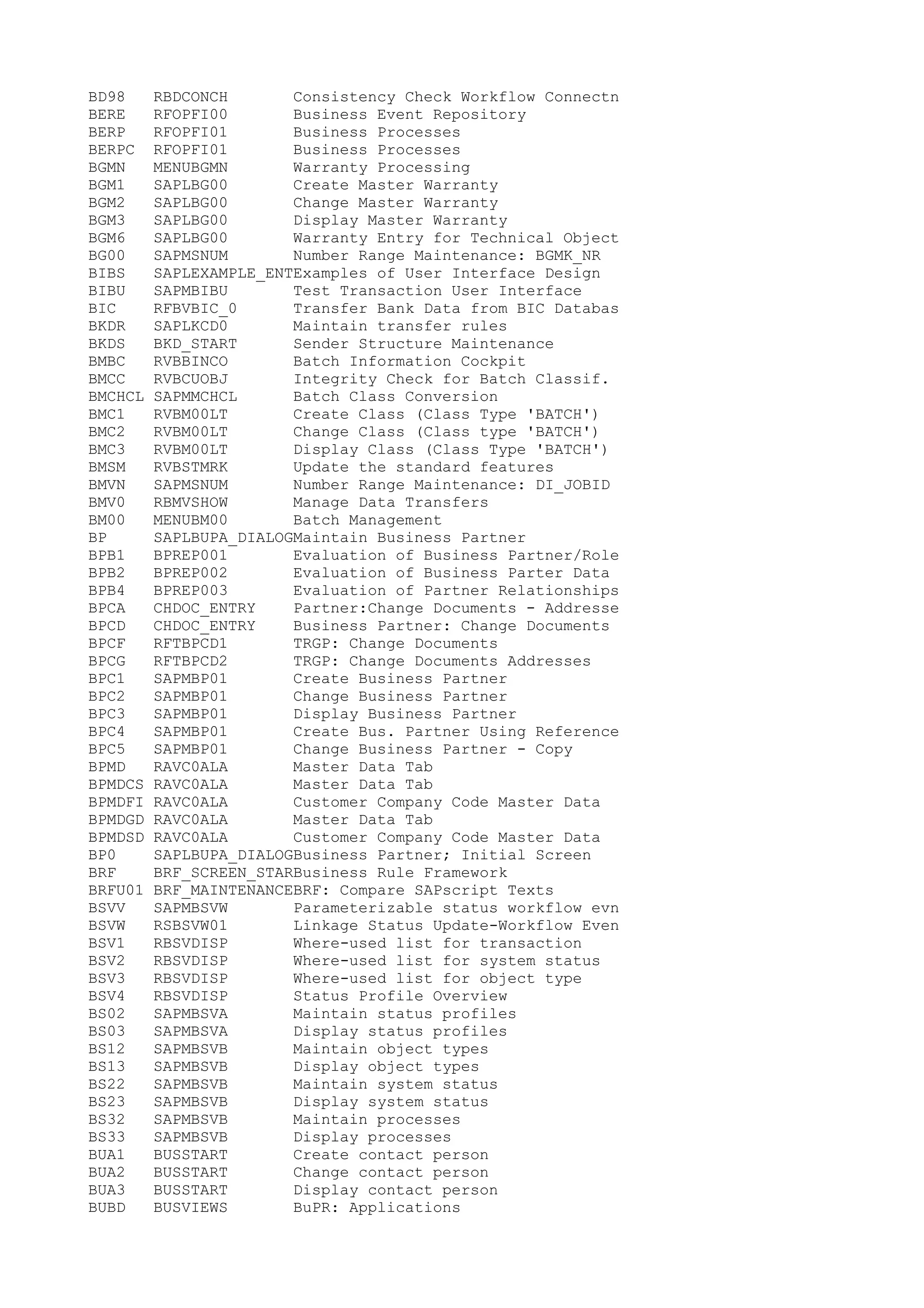 BD98 RBDCONCH Consistency Check Workflow Connectn
BERE RFOPFI00 Business Event Repository
BERP RFOPFI01 Business Processes
BERPC RFOPFI01 Business Processes
BGMN MENUBGMN Warranty Processing
BGM1 SAPLBG00 Create Master Warranty
BGM2 SAPLBG00 Change Master Warranty
BGM3 SAPLBG00 Display Master Warranty
BGM6 SAPLBG00 Warranty Entry for Technical Object
BG00 SAPMSNUM Number Range Maintenance: BGMK_NR
BIBS SAPLEXAMPLE_ENTExamples of User Interface Design
BIBU SAPMBIBU Test Transaction User Interface
BIC RFBVBIC_0 Transfer Bank Data from BIC Databas
BKDR SAPLKCD0 Maintain transfer rules
BKDS BKD_START Sender Structure Maintenance
BMBC RVBBINCO Batch Information Cockpit
BMCC RVBCUOBJ Integrity Check for Batch Classif.
BMCHCL SAPMMCHCL Batch Class Conversion
BMC1 RVBM00LT Create Class (Class Type 'BATCH')
BMC2 RVBM00LT Change Class (Class type 'BATCH')
BMC3 RVBM00LT Display Class (Class Type 'BATCH')
BMSM RVBSTMRK Update the standard features
BMVN SAPMSNUM Number Range Maintenance: DI_JOBID
BMV0 RBMVSHOW Manage Data Transfers
BM00 MENUBM00 Batch Management
BP SAPLBUPA_DIALOGMaintain Business Partner
BPB1 BPREP001 Evaluation of Business Partner/Role
BPB2 BPREP002 Evaluation of Business Parter Data
BPB4 BPREP003 Evaluation of Partner Relationships
BPCA CHDOC_ENTRY Partner:Change Documents - Addresse
BPCD CHDOC_ENTRY Business Partner: Change Documents
BPCF RFTBPCD1 TRGP: Change Documents
BPCG RFTBPCD2 TRGP: Change Documents Addresses
BPC1 SAPMBP01 Create Business Partner
BPC2 SAPMBP01 Change Business Partner
BPC3 SAPMBP01 Display Business Partner
BPC4 SAPMBP01 Create Bus. Partner Using Reference
BPC5 SAPMBP01 Change Business Partner - Copy
BPMD RAVC0ALA Master Data Tab
BPMDCS RAVC0ALA Master Data Tab
BPMDFI RAVC0ALA Customer Company Code Master Data
BPMDGD RAVC0ALA Master Data Tab
BPMDSD RAVC0ALA Customer Company Code Master Data
BP0 SAPLBUPA_DIALOGBusiness Partner; Initial Screen
BRF BRF_SCREEN_STARBusiness Rule Framework
BRFU01 BRF_MAINTENANCEBRF: Compare SAPscript Texts
BSVV SAPMBSVW Parameterizable status workflow evn
BSVW RSBSVW01 Linkage Status Update-Workflow Even
BSV1 RBSVDISP Where-used list for transaction
BSV2 RBSVDISP Where-used list for system status
BSV3 RBSVDISP Where-used list for object type
BSV4 RBSVDISP Status Profile Overview
BS02 SAPMBSVA Maintain status profiles
BS03 SAPMBSVA Display status profiles
BS12 SAPMBSVB Maintain object types
BS13 SAPMBSVB Display object types
BS22 SAPMBSVB Maintain system status
BS23 SAPMBSVB Display system status
BS32 SAPMBSVB Maintain processes
BS33 SAPMBSVB Display processes
BUA1 BUSSTART Create contact person
BUA2 BUSSTART Change contact person
BUA3 BUSSTART Display contact person
BUBD BUSVIEWS BuPR: Applications
 