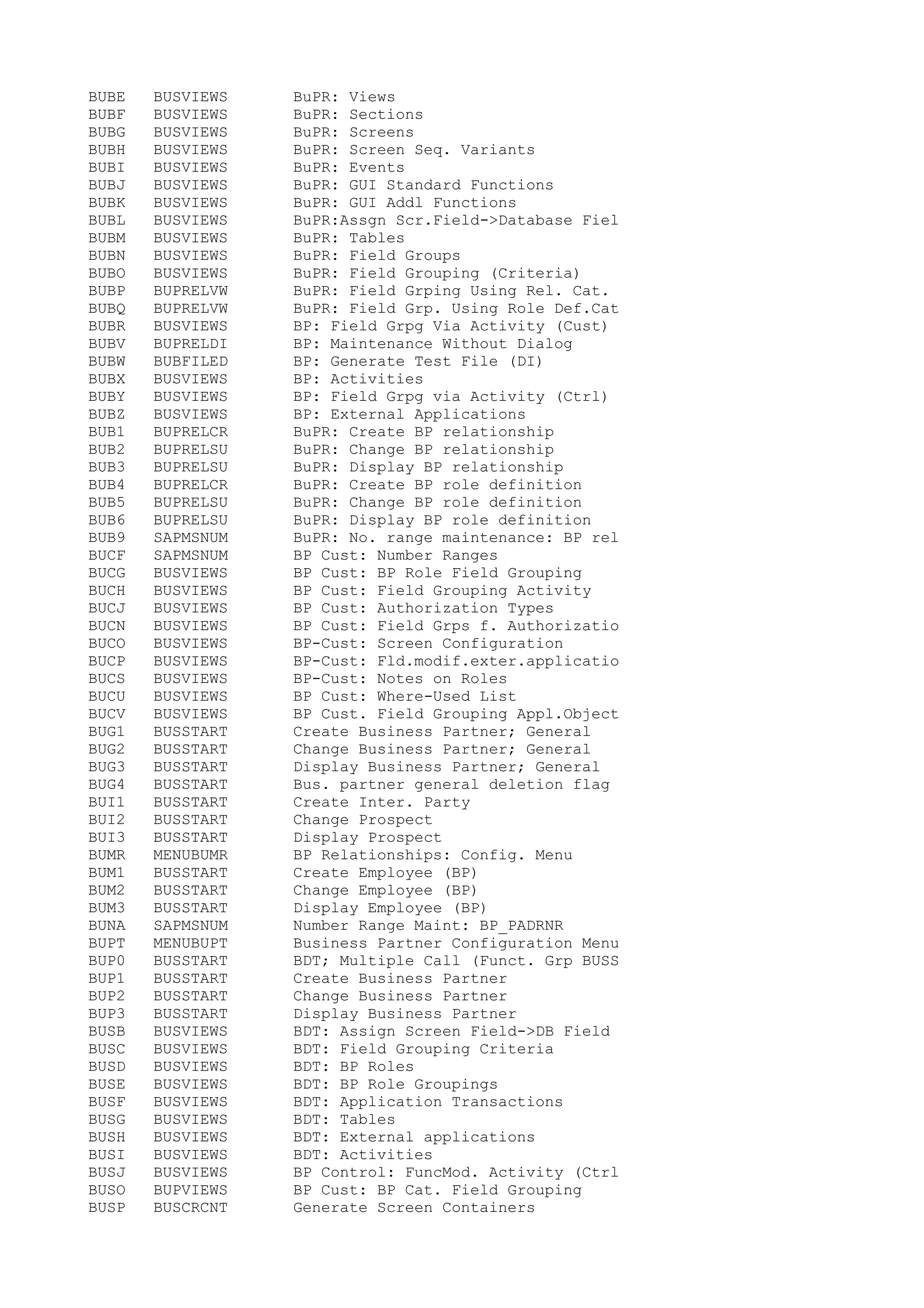 BUBE BUSVIEWS BuPR: Views
BUBF BUSVIEWS BuPR: Sections
BUBG BUSVIEWS BuPR: Screens
BUBH BUSVIEWS BuPR: Screen Seq. Variants
BUBI BUSVIEWS BuPR: Events
BUBJ BUSVIEWS BuPR: GUI Standard Functions
BUBK BUSVIEWS BuPR: GUI Addl Functions
BUBL BUSVIEWS BuPR:Assgn Scr.Field->Database Fiel
BUBM BUSVIEWS BuPR: Tables
BUBN BUSVIEWS BuPR: Field Groups
BUBO BUSVIEWS BuPR: Field Grouping (Criteria)
BUBP BUPRELVW BuPR: Field Grping Using Rel. Cat.
BUBQ BUPRELVW BuPR: Field Grp. Using Role Def.Cat
BUBR BUSVIEWS BP: Field Grpg Via Activity (Cust)
BUBV BUPRELDI BP: Maintenance Without Dialog
BUBW BUBFILED BP: Generate Test File (DI)
BUBX BUSVIEWS BP: Activities
BUBY BUSVIEWS BP: Field Grpg via Activity (Ctrl)
BUBZ BUSVIEWS BP: External Applications
BUB1 BUPRELCR BuPR: Create BP relationship
BUB2 BUPRELSU BuPR: Change BP relationship
BUB3 BUPRELSU BuPR: Display BP relationship
BUB4 BUPRELCR BuPR: Create BP role definition
BUB5 BUPRELSU BuPR: Change BP role definition
BUB6 BUPRELSU BuPR: Display BP role definition
BUB9 SAPMSNUM BuPR: No. range maintenance: BP rel
BUCF SAPMSNUM BP Cust: Number Ranges
BUCG BUSVIEWS BP Cust: BP Role Field Grouping
BUCH BUSVIEWS BP Cust: Field Grouping Activity
BUCJ BUSVIEWS BP Cust: Authorization Types
BUCN BUSVIEWS BP Cust: Field Grps f. Authorizatio
BUCO BUSVIEWS BP-Cust: Screen Configuration
BUCP BUSVIEWS BP-Cust: Fld.modif.exter.applicatio
BUCS BUSVIEWS BP-Cust: Notes on Roles
BUCU BUSVIEWS BP Cust: Where-Used List
BUCV BUSVIEWS BP Cust. Field Grouping Appl.Object
BUG1 BUSSTART Create Business Partner; General
BUG2 BUSSTART Change Business Partner; General
BUG3 BUSSTART Display Business Partner; General
BUG4 BUSSTART Bus. partner general deletion flag
BUI1 BUSSTART Create Inter. Party
BUI2 BUSSTART Change Prospect
BUI3 BUSSTART Display Prospect
BUMR MENUBUMR BP Relationships: Config. Menu
BUM1 BUSSTART Create Employee (BP)
BUM2 BUSSTART Change Employee (BP)
BUM3 BUSSTART Display Employee (BP)
BUNA SAPMSNUM Number Range Maint: BP_PADRNR
BUPT MENUBUPT Business Partner Configuration Menu
BUP0 BUSSTART BDT; Multiple Call (Funct. Grp BUSS
BUP1 BUSSTART Create Business Partner
BUP2 BUSSTART Change Business Partner
BUP3 BUSSTART Display Business Partner
BUSB BUSVIEWS BDT: Assign Screen Field->DB Field
BUSC BUSVIEWS BDT: Field Grouping Criteria
BUSD BUSVIEWS BDT: BP Roles
BUSE BUSVIEWS BDT: BP Role Groupings
BUSF BUSVIEWS BDT: Application Transactions
BUSG BUSVIEWS BDT: Tables
BUSH BUSVIEWS BDT: External applications
BUSI BUSVIEWS BDT: Activities
BUSJ BUSVIEWS BP Control: FuncMod. Activity (Ctrl
BUSO BUPVIEWS BP Cust: BP Cat. Field Grouping
BUSP BUSCRCNT Generate Screen Containers
 
