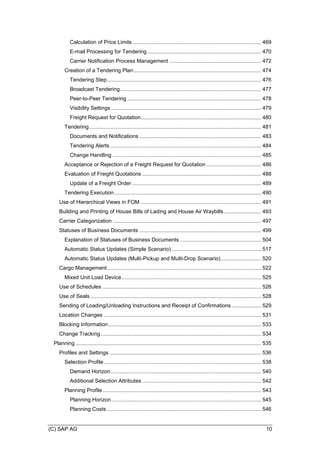 (C) SAP AG 10
Calculation of Price Limits....................................................................................... 469
E-mail Processing for Tendering............................................................................. 470
Carrier Notification Process Management .............................................................. 472
Creation of a Tendering Plan...................................................................................... 474
Tendering Step........................................................................................................ 476
Broadcast Tendering............................................................................................... 477
Peer-to-Peer Tendering .......................................................................................... 478
Visibility Settings ..................................................................................................... 479
Freight Request for Quotation................................................................................. 480
Tendering.................................................................................................................... 481
Documents and Notifications .................................................................................. 483
Tendering Alerts...................................................................................................... 484
Change Handling .................................................................................................... 485
Acceptance or Rejection of a Freight Request for Quotation ..................................... 486
Evaluation of Freight Quotations ................................................................................ 488
Update of a Freight Order ....................................................................................... 489
Tendering Execution................................................................................................... 490
Use of Hierarchical Views in FOM ................................................................................. 491
Building and Printing of House Bills of Lading and House Air Waybills......................... 493
Carrier Categorization .................................................................................................... 497
Statuses of Business Documents .................................................................................. 499
Explanation of Statuses of Business Documents....................................................... 504
Automatic Status Updates (Simple Scenario) ............................................................ 517
Automatic Status Updates (Multi-Pickup and Multi-Drop Scenario)........................... 520
Cargo Management........................................................................................................ 522
Mixed Unit Load Device.............................................................................................. 525
Use of Schedules ........................................................................................................... 526
Use of Seals ................................................................................................................... 528
Sending of Loading/Unloading Instructions and Receipt of Confirmations.................... 529
Location Changes .......................................................................................................... 531
Blocking Information....................................................................................................... 533
Change Tracking ............................................................................................................ 534
Planning ............................................................................................................................. 535
Profiles and Settings ...................................................................................................... 536
Selection Profile.......................................................................................................... 538
Demand Horizon ..................................................................................................... 540
Additional Selection Attributes ................................................................................ 542
Planning Profile........................................................................................................... 543
Planning Horizon..................................................................................................... 545
Planning Costs ........................................................................................................ 546
 