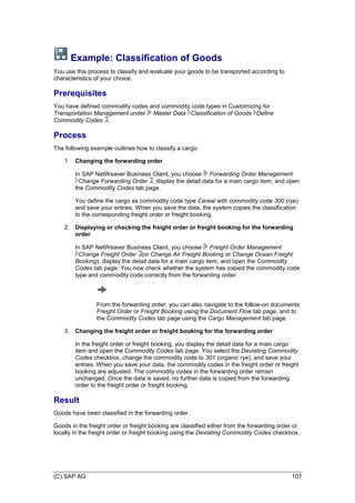 (C) SAP AG 107
Example: Classification of Goods
You use this process to classify and evaluate your goods to be transported according to
characteristics of your choice.
Prerequisites
You have defined commodity codes and commodity code types in Customizing for
Transportation Management under Master Data Classification of Goods Define
Commodity Codes .
Process
The following example outlines how to classify a cargo:
1. Changing the forwarding order
In SAP NetWeaver Business Client, you choose Forwarding Order Management
Change Forwarding Order , display the detail data for a main cargo item, and open
the Commodity Codes tab page.
You define the cargo as commodity code type Cereal with commodity code 300 (rye)
and save your entries. When you save the data, the system copies the classification
to the corresponding freight order or freight booking.
2. Displaying or checking the freight order or freight booking for the forwarding
order
In SAP NetWeaver Business Client, you choose Freight Order Management
Change Freight Order (or Change Air Freight Booking or Change Ocean Freight
Booking), display the detail data for a main cargo item, and open the Commodity
Codes tab page. You now check whether the system has copied the commodity code
type and commodity code correctly from the forwarding order.
From the forwarding order, you can also navigate to the follow-on documents
Freight Order or Freight Booking using the Document Flow tab page, and to
the Commodity Codes tab page using the Cargo Management tab page.
3. Changing the freight order or freight booking for the forwarding order
In the freight order or freight booking, you display the detail data for a main cargo
item and open the Commodity Codes tab page. You select the Deviating Commodity
Codes checkbox, change the commodity code to 301 (organic rye), and save your
entries. When you save your data, the commodity codes in the freight order or freight
booking are adjusted. The commodity codes in the forwarding order remain
unchanged. Once the data is saved, no further data is copied from the forwarding
order to the freight order or freight booking.
Result
Goods have been classified in the forwarding order.
Goods in the freight order or freight booking are classified either from the forwarding order or
locally in the freight order or freight booking using the Deviating Commodity Codes checkbox.
 