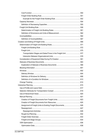 (C) SAP AG 11
Cost Function .......................................................................................................... 550
Freight Order Building Rule..................................................................................... 551
Example for the Freight Order Building Rule ...................................................... 552
Capacity Decrease ..................................................................................................... 554
Definition of Decreasing Capacities ........................................................................ 555
Freight Unit Building Rule........................................................................................... 558
Determination of Freight Unit Building Rules .......................................................... 561
Definition of Dimensions and Units of Measurement.............................................. 562
Incompatibilities .......................................................................................................... 564
Definition of Incompatibilities................................................................................... 567
Creation and Editing of Freight Units ............................................................................. 568
Determination of Freight Unit Building Rules.............................................................. 571
Freight Unit Building Rule ....................................................................................... 572
Freight Unit.............................................................................................................. 575
Transportation Stages and Dates/Times in the Freight Unit ............................... 577
Interaction Between Organizational Units ........................................................... 578
Consideration of Equipment Data During FU Creation .............................................. 581
Statuses of Business Documents............................................................................... 583
Explanation of Statuses of Business Documents ................................................... 588
Blocking Information ................................................................................................... 601
Windows ..................................................................................................................... 602
Delivery Window ..................................................................................................... 604
Definition of Windows for Delivery .......................................................................... 606
Definition of a Condition for Windows ..................................................................... 613
Change Tracking ........................................................................................................ 614
Interactive Planning........................................................................................................ 615
Use of Profile and Layout Sets ................................................................................... 617
Selection Attributes for Transportation Cockpit .......................................................... 619
Use of Hierarchical Views........................................................................................... 620
Manual Planning ......................................................................................................... 621
Creation of Freight Documents from Freight Units ................................................. 623
Creation of Freight Documents from Resources..................................................... 624
Assignment of Freight Units to Existing Freight Documents................................... 626
Reassignment ......................................................................................................... 627
Reassignment Activities ...................................................................................... 628
Rough-Cut Planning................................................................................................ 632
Freight Order Overview........................................................................................... 633
Freight-Unit Stage Groups ...................................................................................... 634
VSR Optimization ....................................................................................................... 636
Optimization Data.................................................................................................... 638
 