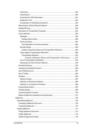 (C) SAP AG 12
Total Costs .............................................................................................................. 639
Initial Solution.......................................................................................................... 640
Constraints for VSR Optimization ........................................................................... 641
Explanation Tool ..................................................................................................... 644
Consideration of Scheduling Constraints................................................................ 646
Determination of Direct Shipment Options ................................................................. 649
Parallel Planning......................................................................................................... 652
Generation of Transportation Proposals..................................................................... 653
Carrier Selection ......................................................................................................... 655
Strategies ................................................................................................................ 658
Strategy Determination........................................................................................ 660
Continuous Move .................................................................................................... 661
Cost Calculation for Continuous Moves .............................................................. 663
Business Share ....................................................................................................... 664
Creation of Business Shares and Transportation Allocations ............................. 665
Check Against Transportation Allocations .............................................................. 668
Transportation Allocation..................................................................................... 670
Creation of Business Shares and Transportation Allocations............673
Use of Transportation Orientations ......................................................................... 676
Optimization as Part of Carrier Selection................................................................ 678
One-Step Planning ..................................................................................................... 679
Loading and Unloading Durations .............................................................................. 680
Use of Multiresources ................................................................................................. 681
Use of Trailers ............................................................................................................ 683
Windows ..................................................................................................................... 685
Delivery Window ..................................................................................................... 687
Definition of Windows for Delivery .......................................................................... 689
Definition of a Condition for Windows ..................................................................... 696
Context Determination ................................................................................................ 697
Full Map Display ......................................................................................................... 699
Customer-Specific Functions...................................................................................... 700
Effects of Date/Time Deviations During Execution..................................................... 701
Settlement.......................................................................................................................... 702
Forwarding Settlement ................................................................................................... 703
Forwarding Settlement Document .............................................................................. 704
Forwarding Settlement................................................................................................ 707
Freight Settlement .......................................................................................................... 711
Freight Settlement Document..................................................................................... 712
Freight Settlement ...................................................................................................... 715
Additional Agreement Parties ..................................................................................... 718
 