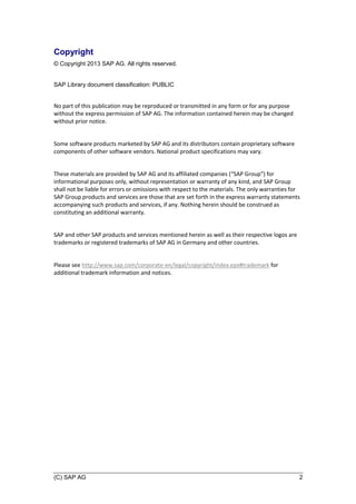 (C) SAP AG 2
Copyright
© Copyright 2013 SAP AG. All rights reserved.
SAP Library document classification: PUBLIC
No part of this publication may be reproduced or transmitted in any form or for any purpose
without the express permission of SAP AG. The information contained herein may be changed
without prior notice.
Some software products marketed by SAP AG and its distributors contain proprietary software
components of other software vendors. National product specifications may vary.
These materials are provided by SAP AG and its affiliated companies (“SAP Group”) for
informational purposes only, without representation or warranty of any kind, and SAP Group
shall not be liable for errors or omissions with respect to the materials. The only warranties for
SAP Group products and services are those that are set forth in the express warranty statements
accompanying such products and services, if any. Nothing herein should be construed as
constituting an additional warranty.
SAP and other SAP products and services mentioned herein as well as their respective logos are
trademarks or registered trademarks of SAP AG in Germany and other countries.
Please see http://www.sap.com/corporate-en/legal/copyright/index.epx#trademark for
additional trademark information and notices.
 