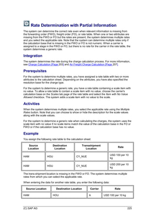(C) SAP AG 225
Rate Determination with Partial Information
The system can determine the correct rate even when relevant information is missing from
the forwarding order (FWO), freight order (FO), or rate table. When one or two attributes are
missing from the FWO or FO but the rates are present, the system determines multiple rates
and you select the applicable rate. Note that the system can determine multiple rates only if
the calculation base that is missing in the FWO or FO is not numeric. When a carrier is
assigned to a stage in the FWO or FO, but there is no rate for the carrier in the rate table, the
system determines a generic rate.
Integration
The system determines the rate during the charge calculation process. For more information,
see Charge Calculation [Page 203] and Air Freight Charge Calculation [Page 207].
Prerequisites
For the system to determine multiple rates, you have assigned a rate table with two or more
attributes to the calculation sheet. Depending on the attributes, you have also specified the
resolution base for the charge type.
For the system to determine a generic rate, you have a rate table containing a scale item with
no value. To allow a rate table to contain a scale item with no value, choose the carrier's
calculation base on the Scales tab page of the rate table and select the Item with No Value
Allowed checkbox. The system adds a scale item with no value to the scale.
Activities
When the system determines multiple rates, you select the applicable rate using the Multiple
Rates button. Note that you can choose to show or hide the description for the scale values
along with the scale values.
For the system to determine a generic rate when calculating the charges, the system uses the
scale item with no value if no scale items match the value of the calculation base in the FO or
FWO or if the calculation base has no value.
Example
You assign the following rate table to the calculation sheet:
Source
Location
Destination
Location
Transshipment
Location
Rate
HAM HOU CY_NUE
USD 100 per 10
kg
HAM HOU CY_NUE
USD 200 per 10
kg
The trans-shipment location is missing in the FWO or FO. The system determines multiple
rates from which you can select the applicable rate.
When entering the data for another rate table, you enter the following data:
Source Location Destination Location Carrier Rate
HAM HOU A USD 100 per 10 kg
 