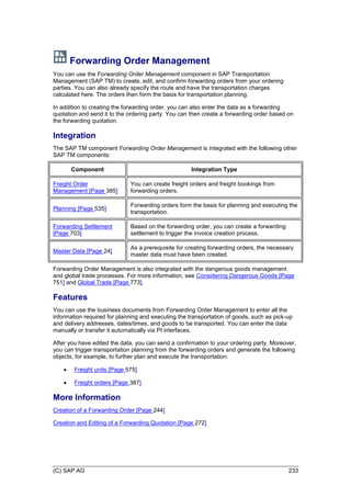 (C) SAP AG 233
Forwarding Order Management
You can use the Forwarding Order Management component in SAP Transportation
Management (SAP TM) to create, edit, and confirm forwarding orders from your ordering
parties. You can also already specify the route and have the transportation charges
calculated here. The orders then form the basis for transportation planning.
In addition to creating the forwarding order, you can also enter the data as a forwarding
quotation and send it to the ordering party. You can then create a forwarding order based on
the forwarding quotation.
Integration
The SAP TM component Forwarding Order Management is integrated with the following other
SAP TM components:
Component Integration Type
Freight Order
Management [Page 385]
You can create freight orders and freight bookings from
forwarding orders.
Planning [Page 535]
Forwarding orders form the basis for planning and executing the
transportation.
Forwarding Settlement
[Page 703]
Based on the forwarding order, you can create a forwarding
settlement to trigger the invoice creation process.
Master Data [Page 24]
As a prerequisite for creating forwarding orders, the necessary
master data must have been created.
Forwarding Order Management is also integrated with the dangerous goods management
and global trade processes. For more information, see Considering Dangerous Goods [Page
751] and Global Trade [Page 773].
Features
You can use the business documents from Forwarding Order Management to enter all the
information required for planning and executing the transportation of goods, such as pick-up
and delivery addresses, dates/times, and goods to be transported. You can enter the data
manually or transfer it automatically via PI interfaces.
After you have edited the data, you can send a confirmation to your ordering party. Moreover,
you can trigger transportation planning from the forwarding orders and generate the following
objects, for example, to further plan and execute the transportation:
 Freight units [Page 575]
 Freight orders [Page 387]
More Information
Creation of a Forwarding Order [Page 244]
Creation and Editing of a Forwarding Quotation [Page 272]
 