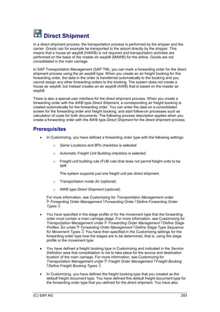 (C) SAP AG 293
Direct Shipment
In a direct shipment process, the transportation process is performed by the shipper and the
carrier. Goods can for example be transported to the airport directly by the shipper. This
means that a house air waybill (HAWB) is not required and transportation activities are
performed on the basis of the master air waybill (MAWB) for the airline. Goods are not
consolidated in the main carriage.
In SAP Transportation Management (SAP TM), you can mark a forwarding order for the direct
shipment process using the air waybill type. When you create an air freight booking for this
forwarding order, the data in the order is transferred automatically to the booking and you
cannot assign any other forwarding orders to the booking. The system does not create a
house air waybill, but instead creates an air waybill (AWB) that is based on the master air
waybill.
There is also a special user interface for the direct shipment process. When you create a
forwarding order with the AWB type Direct Shipment, a corresponding air freight booking is
created automatically for the forwarding order. You can enter the data on a consolidated
screen for the forwarding order and freight booking, and start follow-on processes such as
calculation of costs for both documents. The following process description applies when you
create a forwarding order with the AWB type Direct Shipment for the direct shipment process.
Prerequisites
 In Customizing, you have defined a forwarding order type with the following settings:
o Same Locations and BPs checkbox is selected
o Automatic Freight Unit Building checkbox is selected
o Freight unit building rule (FUB rule) that does not permit freight units to be
split
The system supports just one freight unit per direct shipment.
o Transportation mode Air (optional)
o AWB type Direct Shipment (optional)
For more information, see Customizing for Transportation Management under
Forwarding Order Management Forwarding Order Define Forwarding Order
Types .
 You have specified in the stage profile or for the movement type that the forwarding
order must contain a main carriage stage. For more information, see Customizing for
Transportation Management under Forwarding Order Management Define Stage
Profiles or under Forwarding Order Management Define Stage Type Sequence
for Movement Types . You have then specified in the Customizing settings for the
forwarding order type how the stages are to be determined, that is, using the stage
profile or the movement type.
 You have defined a freight booking type in Customizing and indicated in the Service
Definition area that consolidation is not to take place for the source and destination
location of the main carriage. For more information, see Customizing for
Transportation Management under Freight Order Management Freight Booking
Define Freight Booking Types .
 In Customizing, you have defined the freight booking type that you created as the
default freight document type. You have defined this default freight document type for
the forwarding order type that you defined for the direct shipment. You have also
 